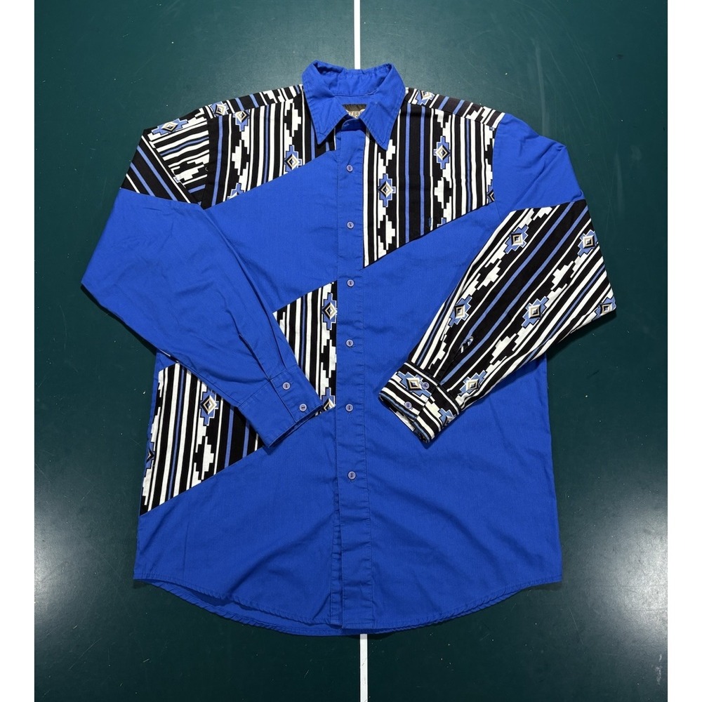 Vintage Steer West Aztec Western Shirt Mens Large Blue Geometric Tribal USA Made